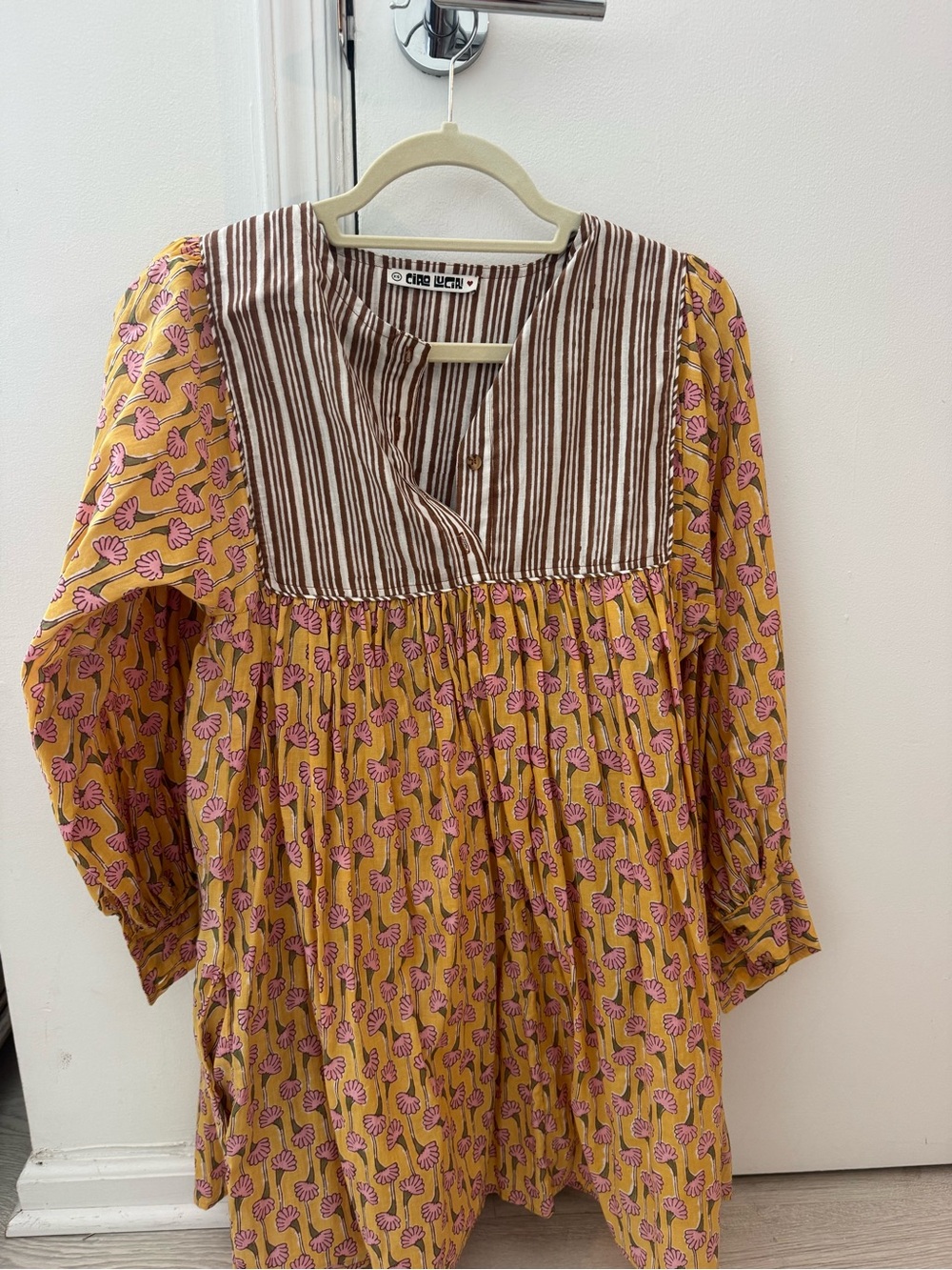 Ciao Lucia Yellow Floral Mini Dress with Pink Print and Brown Stripe Yoke